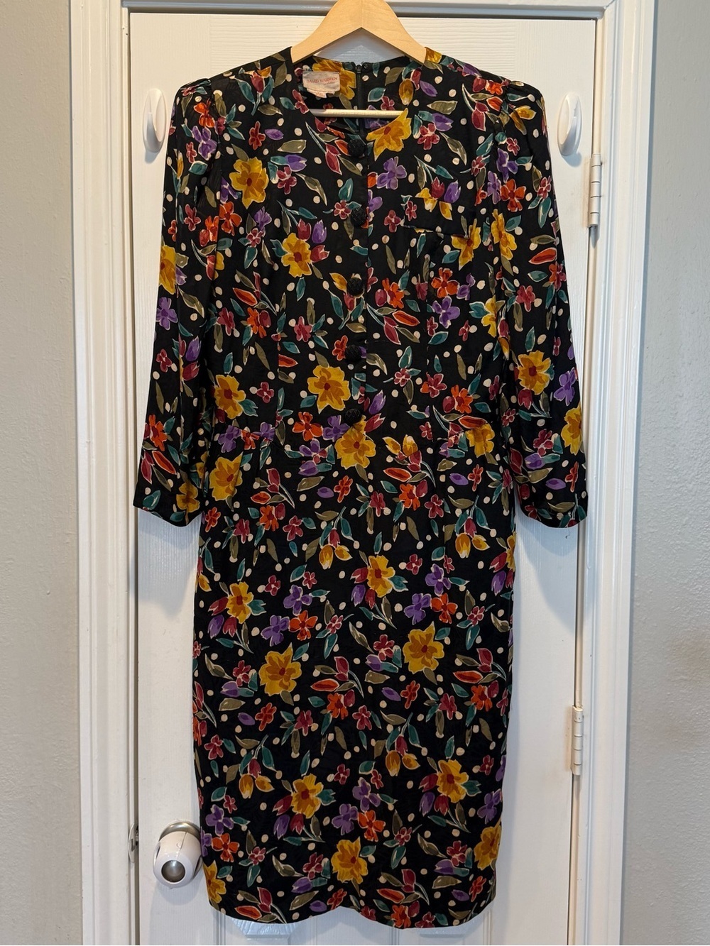 VTG David Warren Silk Dress Women’s 12 Black Floral Polka Dots Buttons Classic